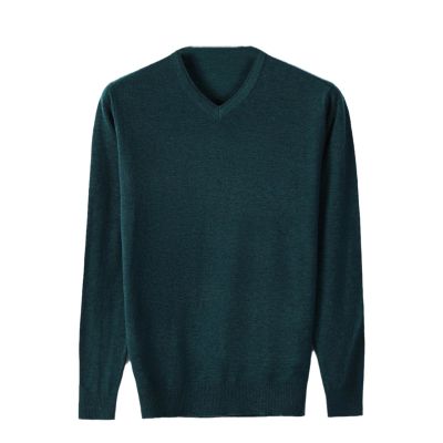 Autumn Men's V-Neck Thin Wool Bottoming Sweater Classic Style Business Casual Pullover Male Clothes Green M