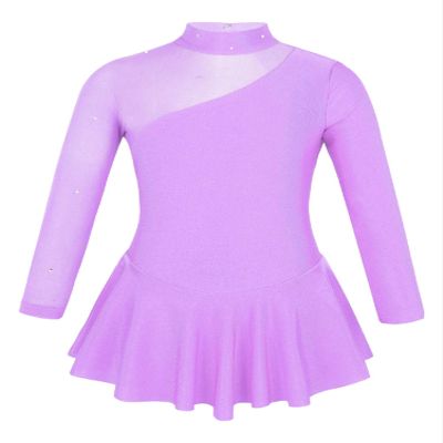 Aislor Kids Girls Mock Neck Mesh Splice Cutout Leotard Dress Figure Ice Skating Roller Skating Activedress Lavender 12 Years