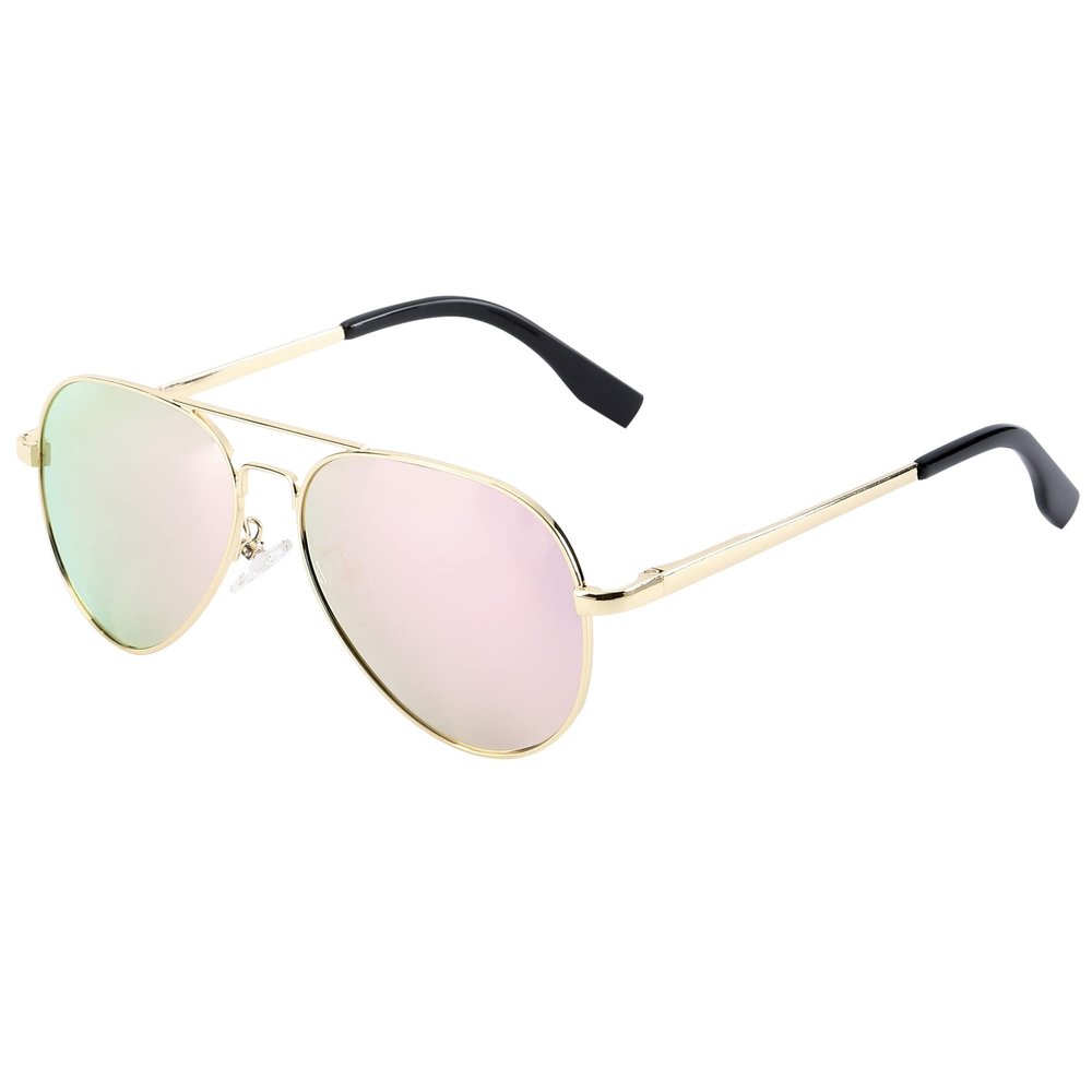 Onrtry Small Polarized Aviator Sunglasses for Boys Girls Classic Metal Frame Mirrored Lens Sun Glasses - 52MM(Gold Frame/Pink Lens)