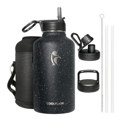Coolflask 64 oz Insulated Water Bottle with Straw&3 Lids, Half Gallon Insulated Water Jug Galaxy Large Metal Stainless Steel Flask for Gym, Sports and Office, Keep Cold 48H Hot 24H, Starry Night