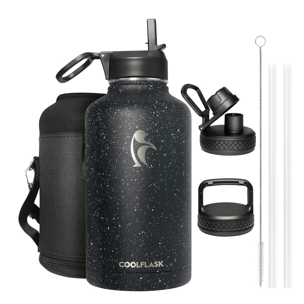 Coolflask 64 oz Insulated Water Bottle with Straw&3 Lids, Half Gallon Insulated Water Jug Galaxy Large Metal Stainless Steel Flask for Gym, Sports and Office, Keep Cold 48H Hot 24H, Starry Night