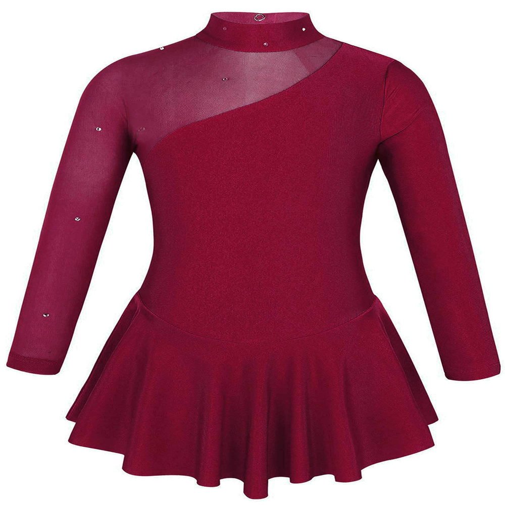 Jowowha Kids Girls Long Sleeves Mock Neck Mesh Splice Dancewear Figure Ice Skating Dresses Burgundy 12