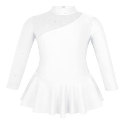Aislor Kids Girls Mock Neck Mesh Splice Cutout Leotard Dress Figure Ice Skating Roller Skating Activedress White 12 Years