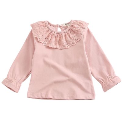 Baby Girl Kids Ruffle Blouses Long Sleeves Solid Color Doll Collar T-Shirt Top Bottom Cotton Top Basic Tees Plain Shirt (Pink,12-18 Months,12 Months,18 Months)