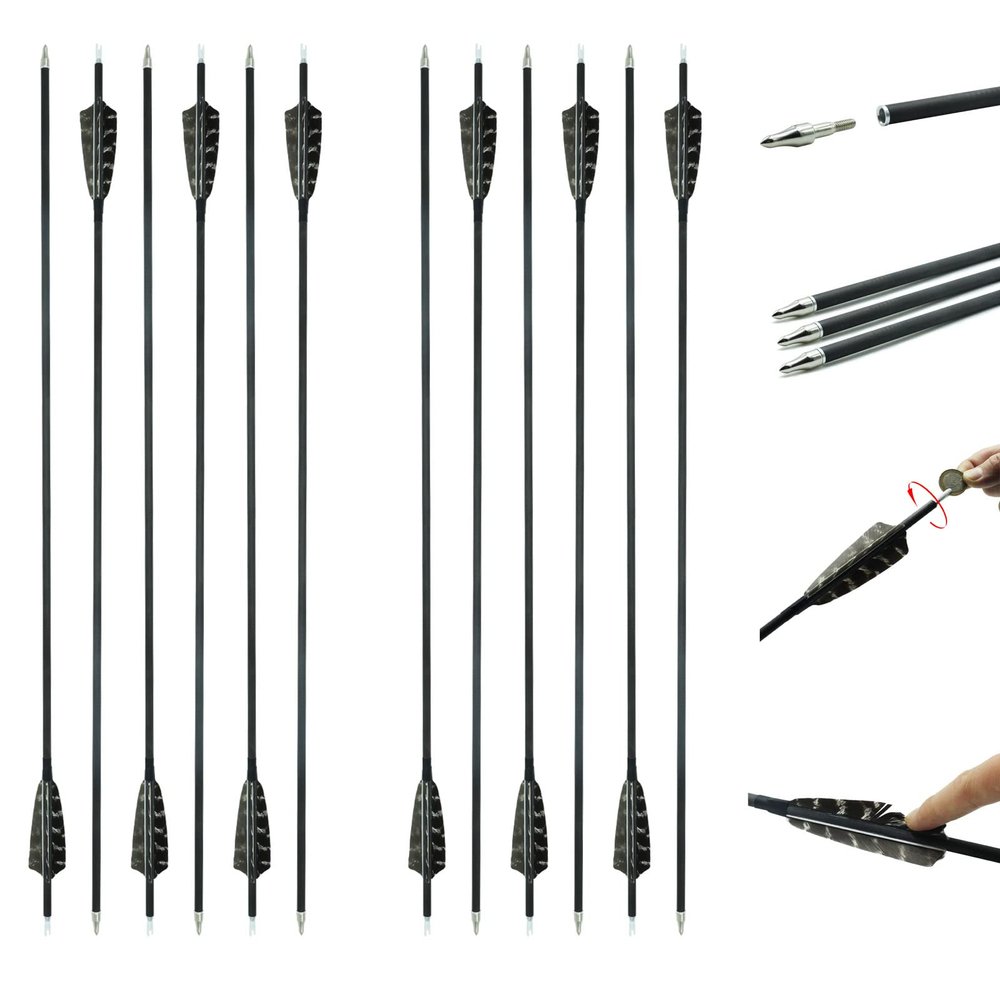 6/12 Pcs Carbon Arrows 30 Inch for Archery Shooting Spine 500 Arrows with Natural Feathers Competition Practice Hunting for Traditional Long Recurve Bows and Compound Bows (12 Pcs)