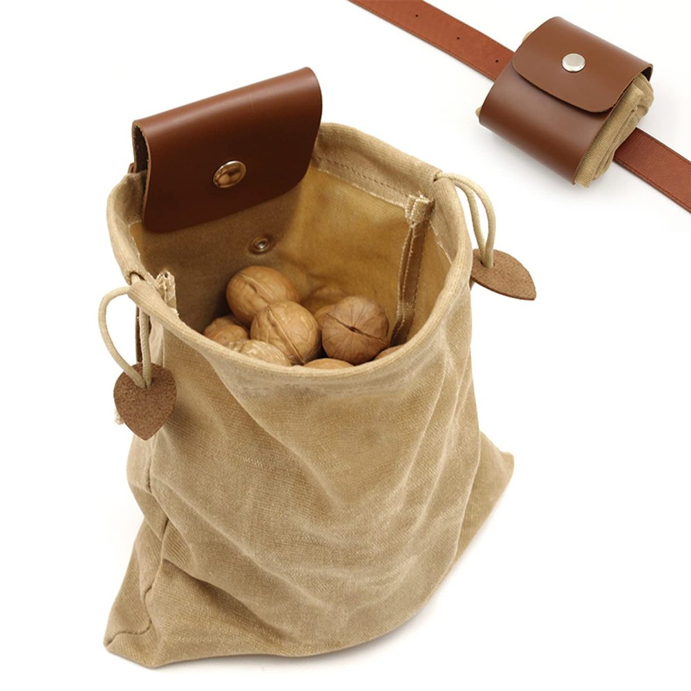ASENIE Foraging Bag Waxed Canvas PU Leather Collapsible Outdoor Foraging Pouch Mushroom Hunting Storage Bushcraft Belt Water Resistant Tinder Dump for Travel Camping Hiking Picking up Bag Only (Khaki)