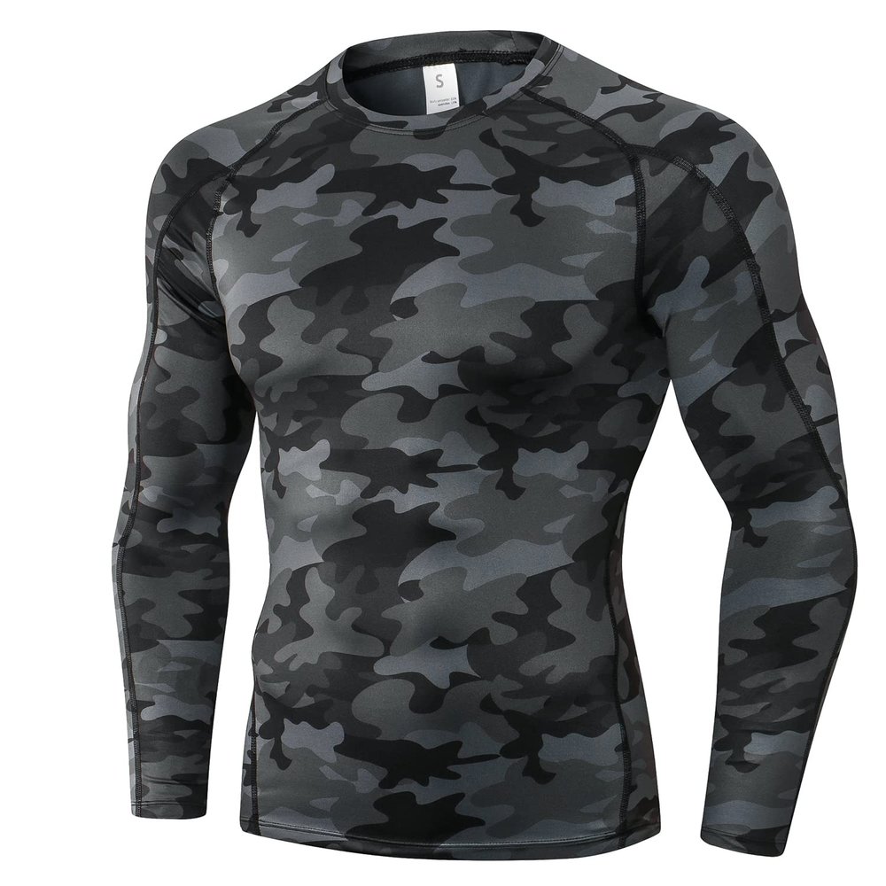 Camo Black Men's Compression Shirt Long Sleeve Athletic Workout T-Shirts Top Active Sport Baselayer Undershirt Cool Dry