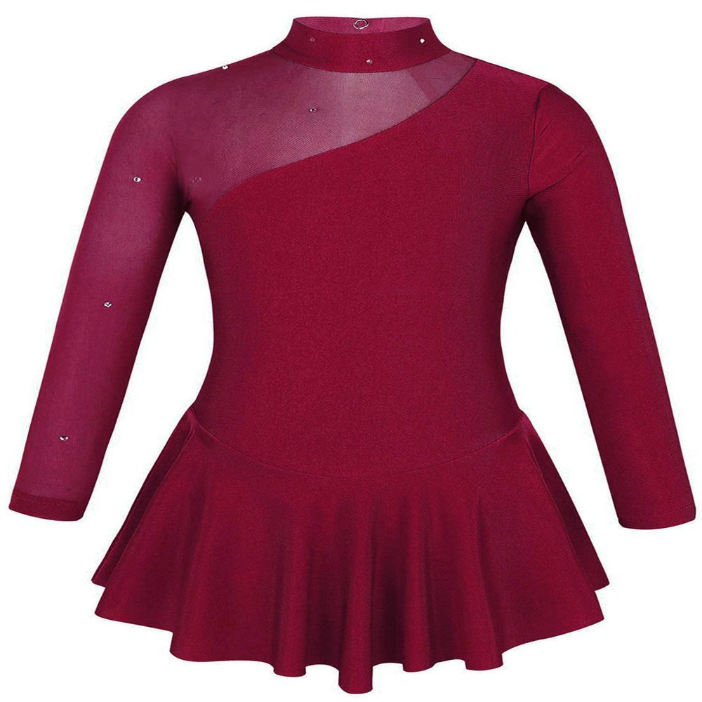 Oyolan Kid Girls Mock Neck Mesh Splice Roller Ice Figure Skating Dress Leotard Ballet Dance Wear Outfit Costumes Burgundy A 8 Years