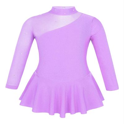 Oyolan Kid Girls Mock Neck Mesh Splice Roller Ice Figure Skating Dress Leotard Ballet Dance Wear Outfit Costumes Lavender 8 Years