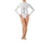 ABAFIP Women's Metallic Liquid Shiny Long Sleeve Lycra Spandex Gymnastic Ballet Dance Leotard Bodysuit Faux Leather Stage Dancewear Performance Costume Silver Medium view 3