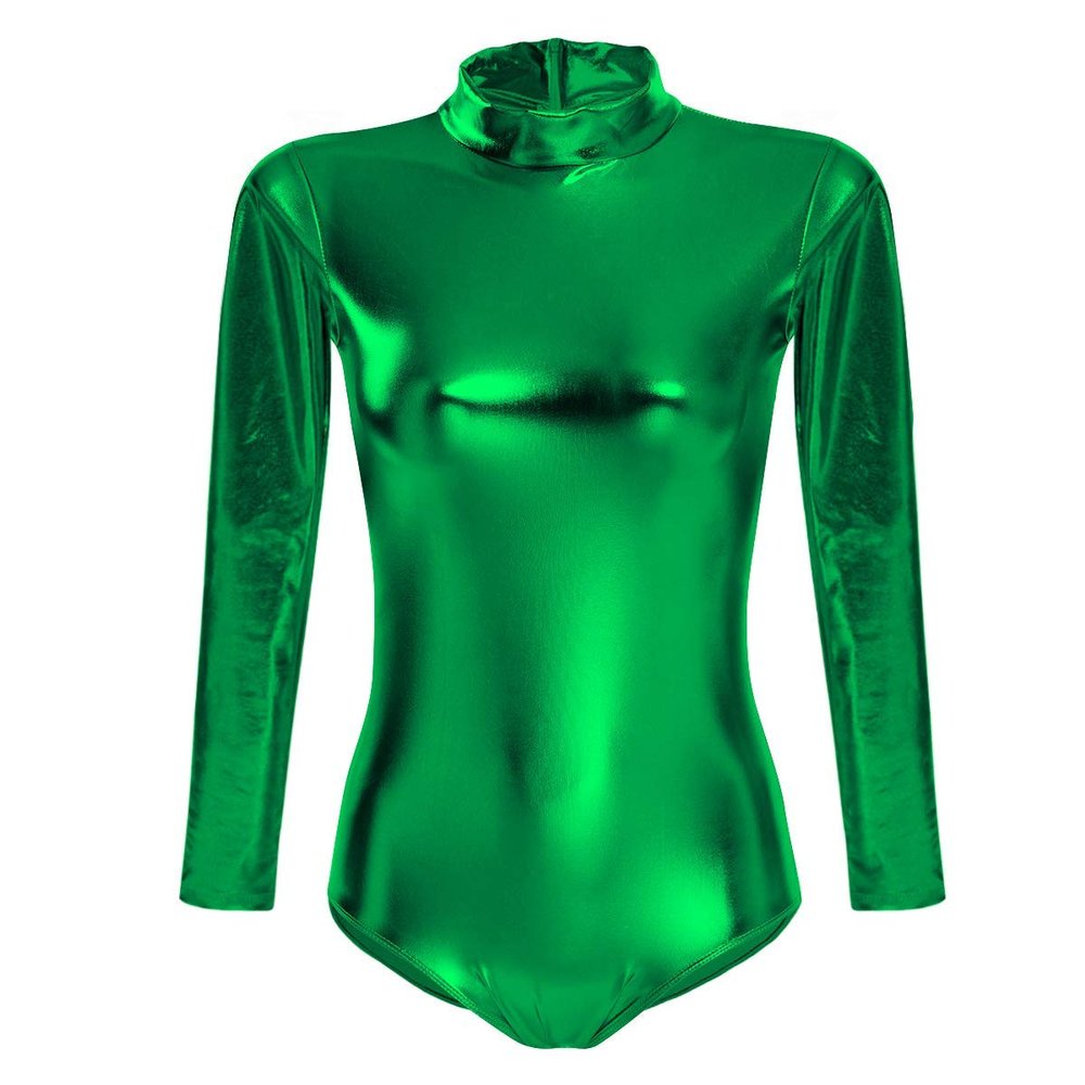 ABAFIP Women's Metallic Liquid Shiny Long Sleeve Lycra Spandex Gymnastic Ballet Dance Leotard Bodysuit Faux Leather Stage Dancewear Performance Costume Dark Green 3X-Large