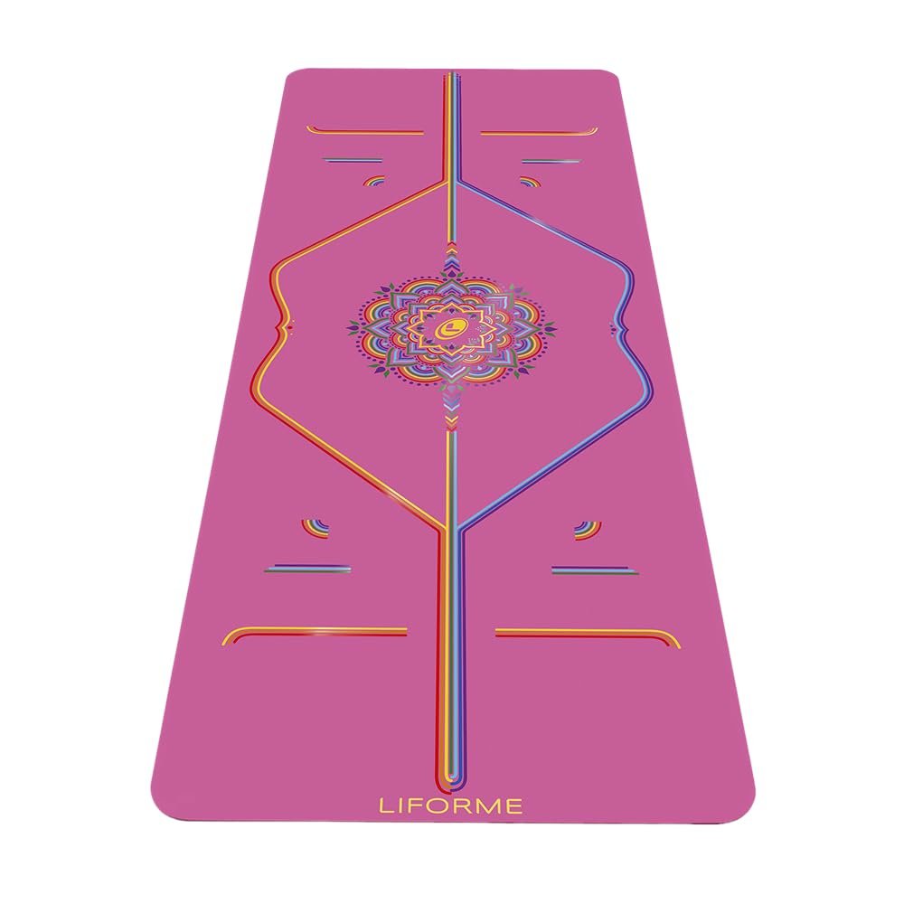 LIFORME Printed Travel Yoga mat  Free Yoga Bag, Patented Alignment System, Warrior-Like Grip, Nonslip, Eco-Friendly, Ultra-Lightweight, Sweat Resistant, Long, Wide and Thick  Pink