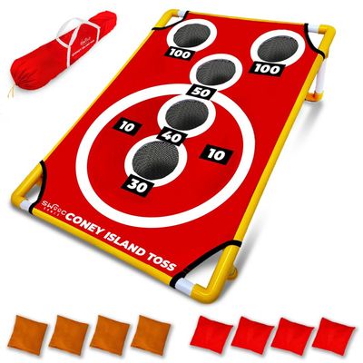 Swooc Games - Coney Island Toss - Arcade Style Cornhole Board Set w/Carrying Case & 15+ Games - Corn Hole Games for Adults - Kids Bean Bag Toss Game - Kids Cornhole Set w/Bags - Outdoor Yard Games