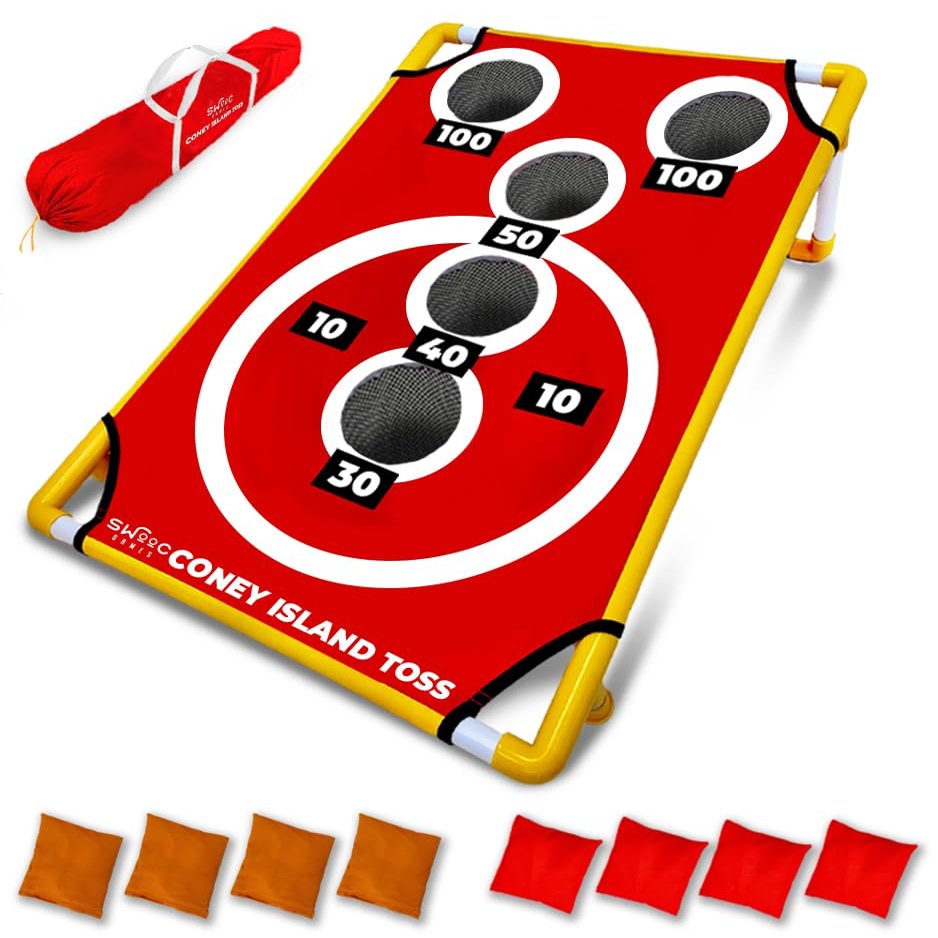 Swooc Games - Coney Island Toss - Arcade Style Cornhole Board Set w/Carrying Case & 15+ Games - Corn Hole Games for Adults - Kids Bean Bag Toss Game - Kids Cornhole Set w/Bags - Outdoor Yard Games