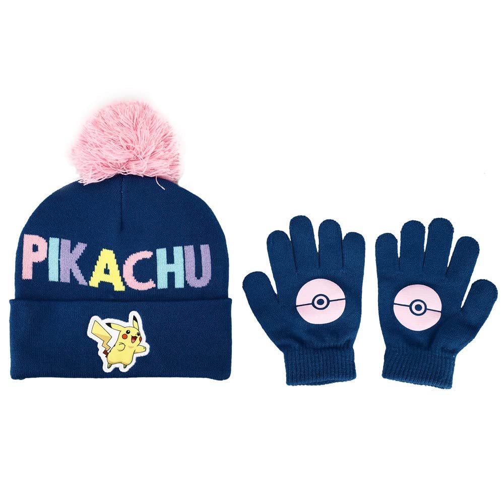 Pokemon Pikachu Kids Navy Knit Cuff Pom Beanie and Glove Set