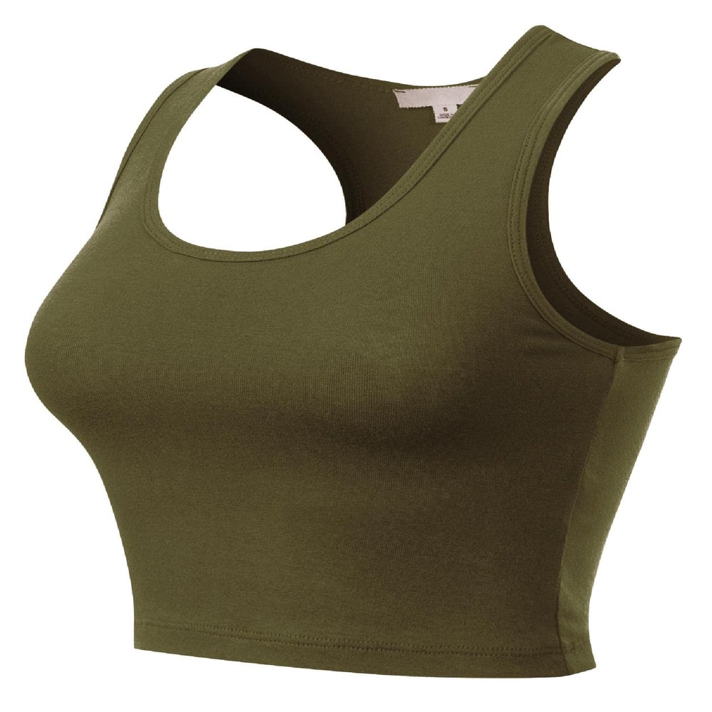 MixMatchy Women's Casual Basic Sports Crop Tank Tops Racerback Running Yoga Tanks Cotton Sleeveless Gym Shirts Military Green M