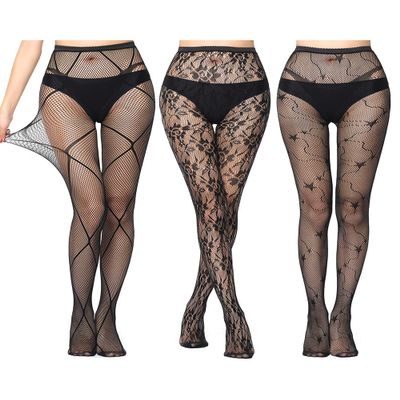 Bycc Bynn Lace Patterned Fishnet Tights Thigh High Pantyhose Black Stockings for Women (A2-3 Pack)