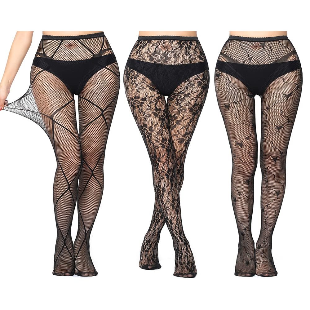 Bycc Bynn Lace Patterned Fishnet Tights Thigh High Pantyhose Black Stockings for Women (A2-3 Pack)