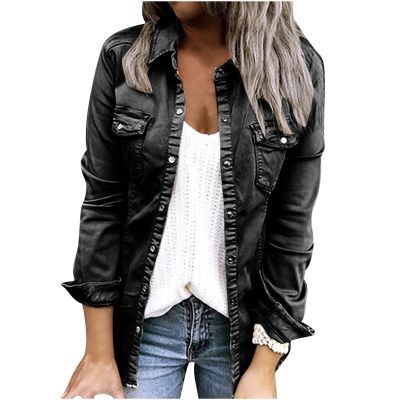 oil-LIKIO Denim Jacket for Women Fashion Casual Lapel Pocket Long Sleeve Coat Comfortable Trendy Ladies Work Office Jacket