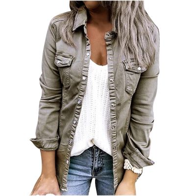 oil-LIKIO Denim Jacket for Women Fashion Casual Lapel Pocket Long Sleeve Coat Comfortable Trendy Ladies Work Office Jacket