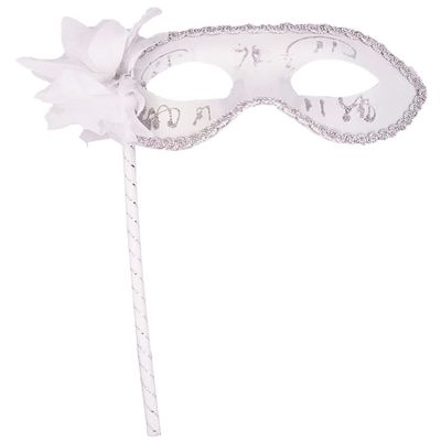 AZYOUNG Womens Black Silver Red Painted Half Face Mask on Stick with Side Feather Flower (White)