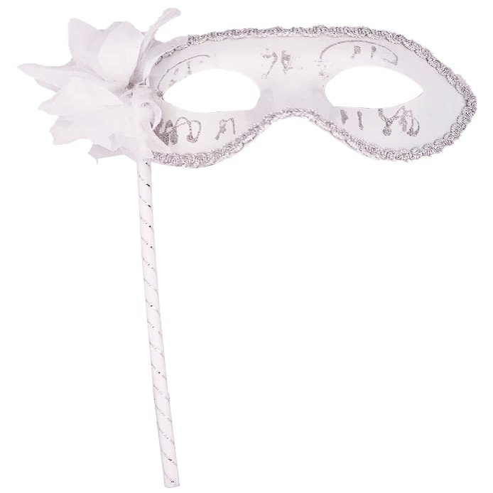 AZYOUNG Womens Black Silver Red Painted Half Face Mask on Stick with Side Feather Flower (White)
