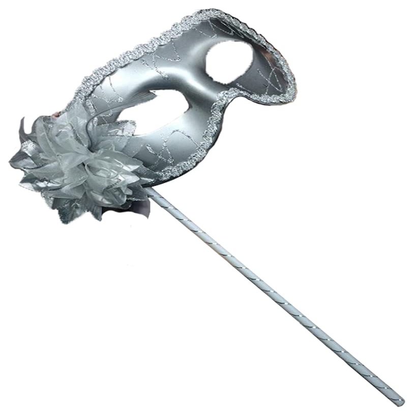 AZYOUNG Womens Black Silver Red Painted Half Face Mask on Stick with Side Feather Flower (Silver)
