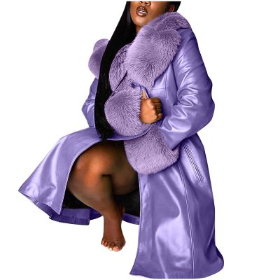 Women's Sexy Faux Leather Lapel Long Jacket Coat with Faux Fur Collar+Faux Fur Sleeve Button Down Outdoor Overcoat Purple