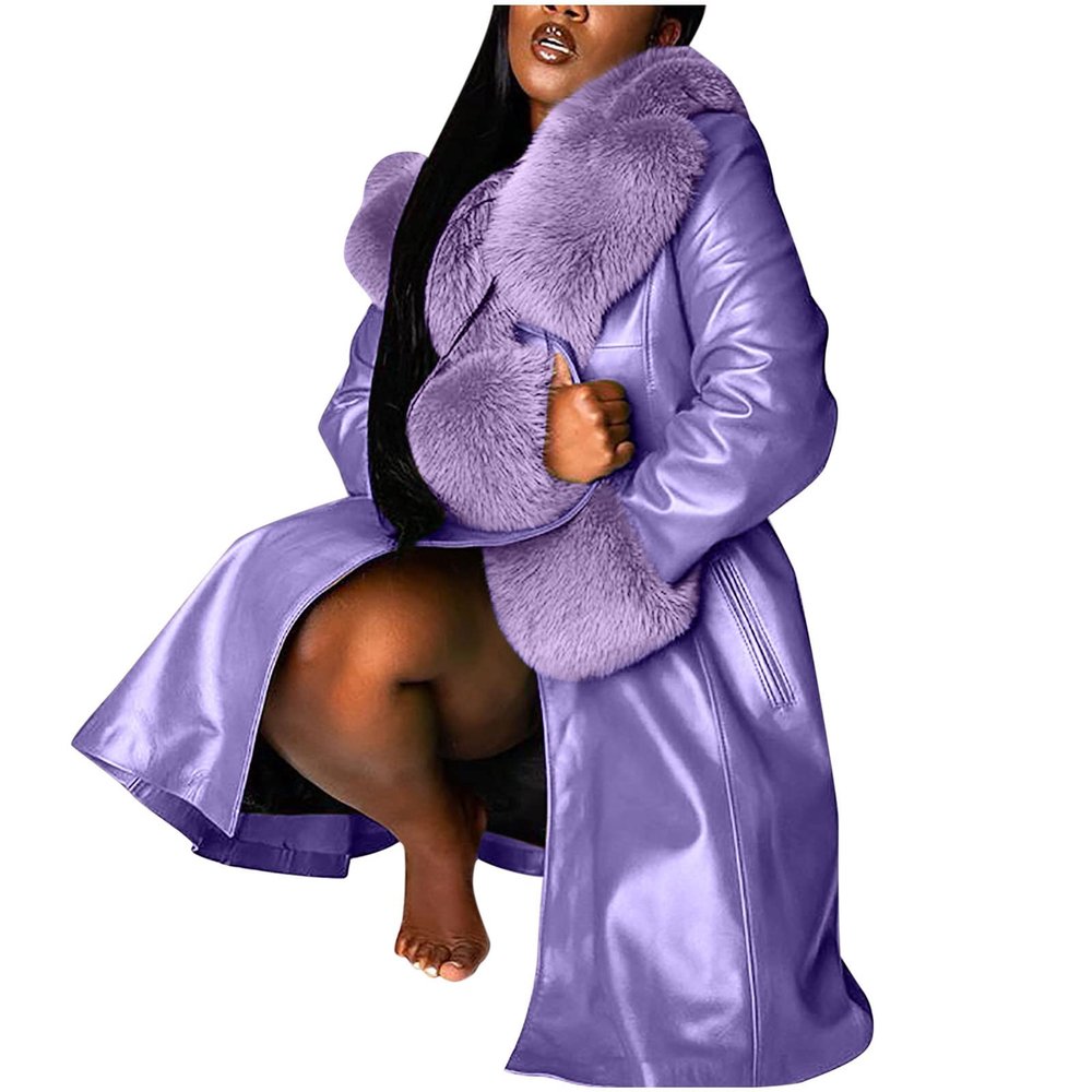 Women's Sexy Faux Leather Lapel Long Jacket Coat with Faux Fur Collar+Faux Fur Sleeve Button Down Outdoor Overcoat Purple