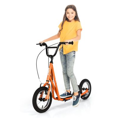 GYMAX Scooter, Kids & Adults Off-Road Scooter with 12" Inflatable Wheels, Adjustable Height Handlebar, V-Type Handbrakes & Axle Pegs for All Terrain, 8+ (Orange)