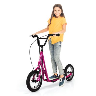 GYMAX Scooter, Kids & Adults Off-Road Scooter with 12" Inflatable Wheels, Adjustable Height Handlebar, V-Type Handbrakes & Axle Pegs for All Terrain, 8+ (Pink)