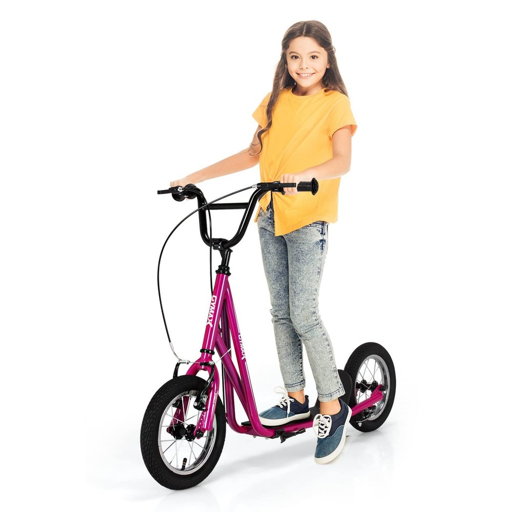 GYMAX Scooter, Kids & Adults Off-Road Scooter with 12" Inflatable Wheels, Adjustable Height Handlebar, V-Type Handbrakes & Axle Pegs for All Terrain, 8+ (Pink)
