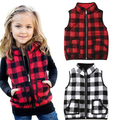 JLKGICF Toddler Baby Girls Vest Coat Jacket Buffalo Plaid Kids Sleeveless Zipper Sweater Winter Outwear (Black Plaid Vest,1-2T)