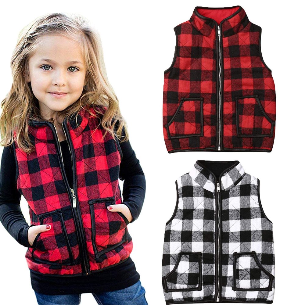 JLKGICF Toddler Baby Girls Vest Coat Jacket Buffalo Plaid Kids Sleeveless Zipper Sweater Winter Outwear (Black Plaid Vest,1-2T)