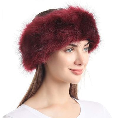 VITALA Women Faux fur Winter Warm Headband with Elastic (Wine), One Size