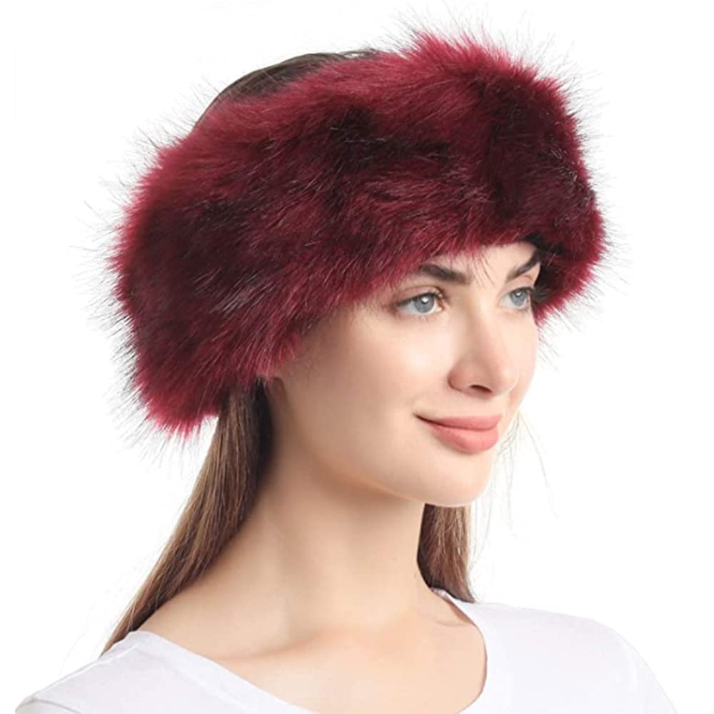VITALA Women Faux fur Winter Warm Headband with Elastic (Wine), One Size