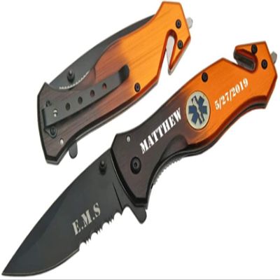 Blue Steel Customized Custom Text On Handle, High Carbon S.S. Knife with 3.25in Blade and SS Handle for Outdoor, Color- 300202-EMS