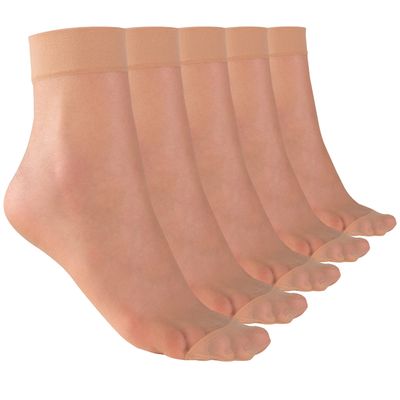ELYFER 5 Pairs Nude Ankle High Nylon Sheer Socks for Women Soft Silky Elastic Thin Transparent Breathable Compression Form-Fitting Trouser Dress Pantyhose Stocking Hosiery in Gift Boxes - Size 5-8.5