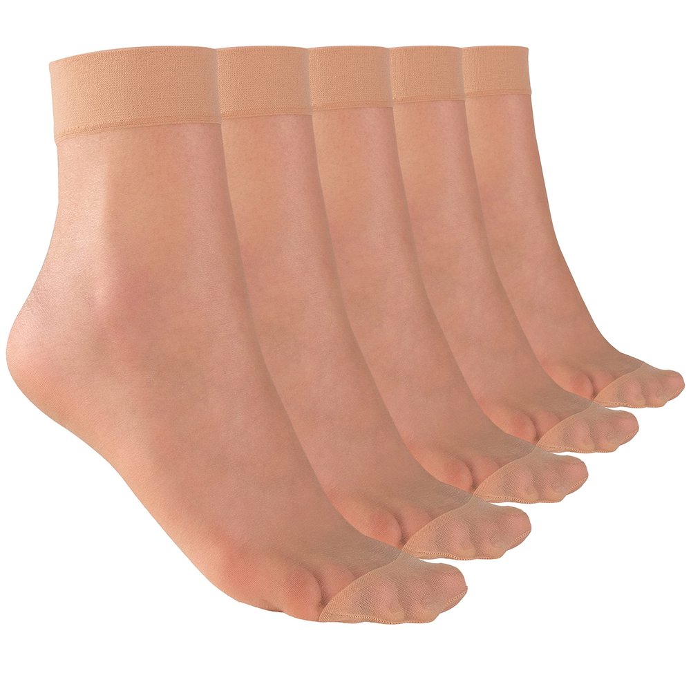ELYFER 5 Pairs Nude Ankle High Nylon Sheer Socks for Women Soft Silky Elastic Thin Transparent Breathable Compression Form-Fitting Trouser Dress Pantyhose Stocking Hosiery in Gift Boxes - Size 5-8.5
