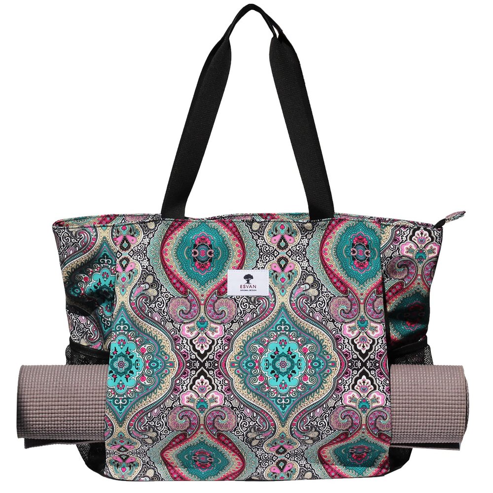ESVAN Yoga Mat Bag Yoga Tote Carrier Shoulder Bag Carryall Tote for Office,Yoga,Pilates,Travel,Beach and Gym (E Bohemian Teal)