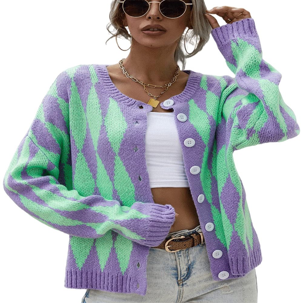 AHAIJ Womens Rainbow Knitted Cardigan Long Sleeve Open Front Colorblock Striped Sweaters Outwear Jacket (US, Alpha, Small, Regular, Regular, Purple-2)