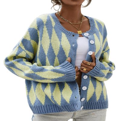 AHAIJ Womens Rainbow Knitted Cardigan Long Sleeve Open Front Colorblock Striped Sweaters Outwear Jacket (US, Alpha, Large, Regular, Regular, Blue-2)