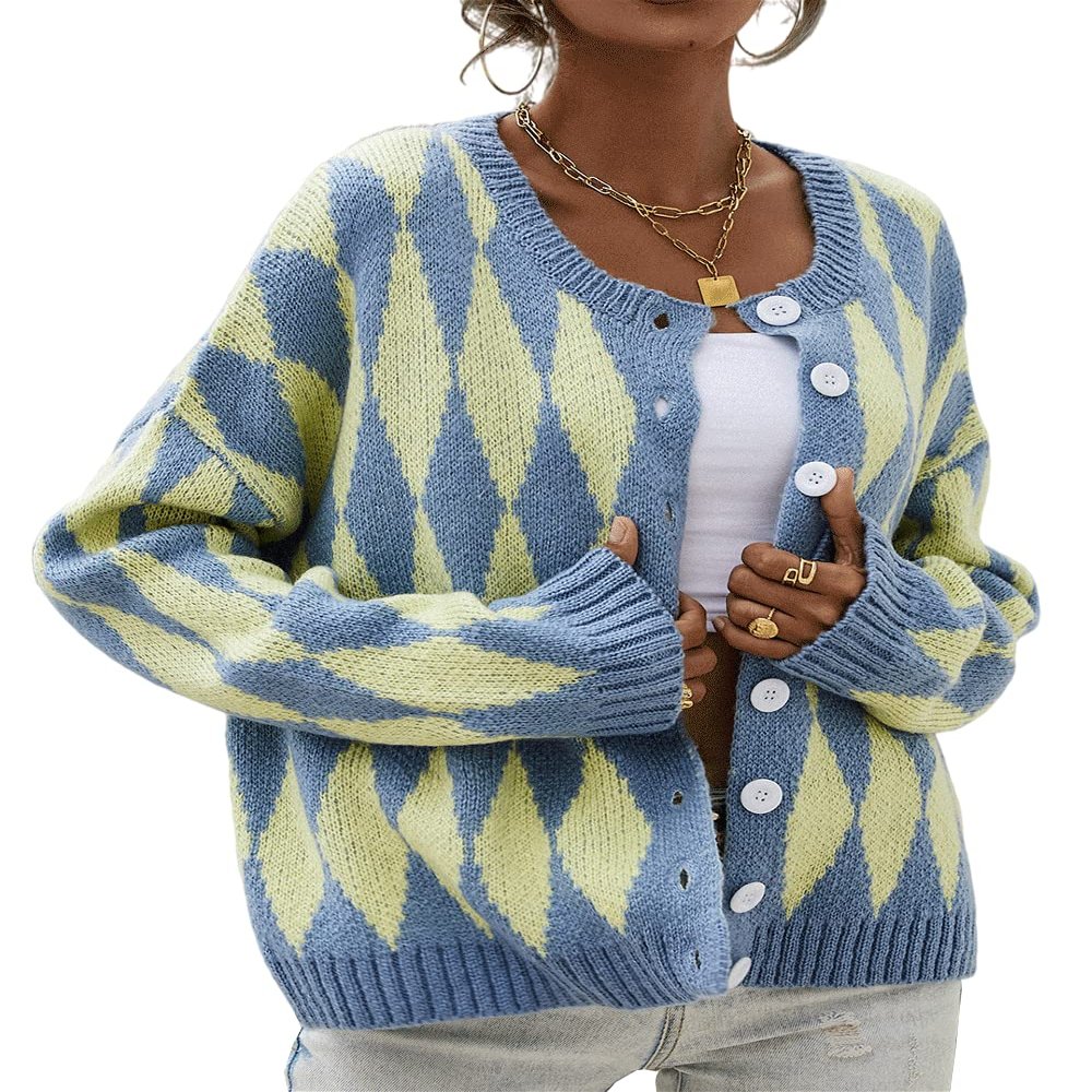 AHAIJ Womens Rainbow Knitted Cardigan Long Sleeve Open Front Colorblock Striped Sweaters Outwear Jacket (US, Alpha, Large, Regular, Regular, Blue-2)
