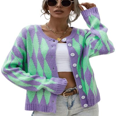 AHAIJ Womens Rainbow Knitted Cardigan Long Sleeve Open Front Colorblock Striped Sweaters Outwear Jacket (US, Alpha, Medium, Regular, Regular, Purple-2)