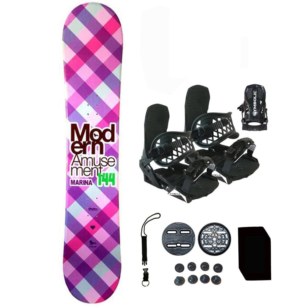 140cm Modern Amusement Marina Blem Snowboard & Symbolic Bindings & Leash, Stomp Package (140cm Marina Blem (wf263), Bindings Black S (fits 6-9))