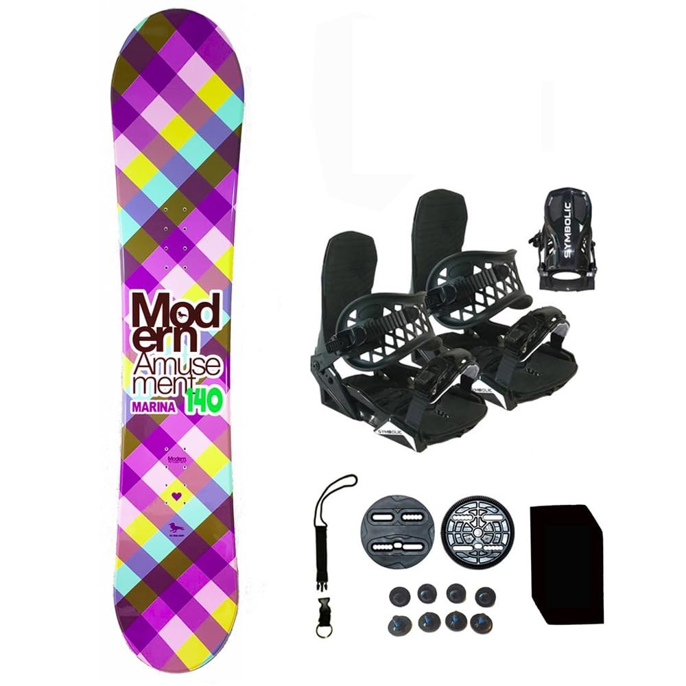 140cm Modern Amusement Marina Snowboard & Symbolic Bindings & Leash, Stomp Package (140cm Marina (wf261), Bindings Black S (fits 6-9))