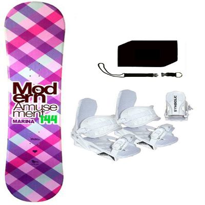140cm Modern Marina Blem Snowboard & Symbolic White Bindings & Leash, Stomp Pad Package (Bindings White XS (fits 1-5), 140cm Marina Blem (wf263))