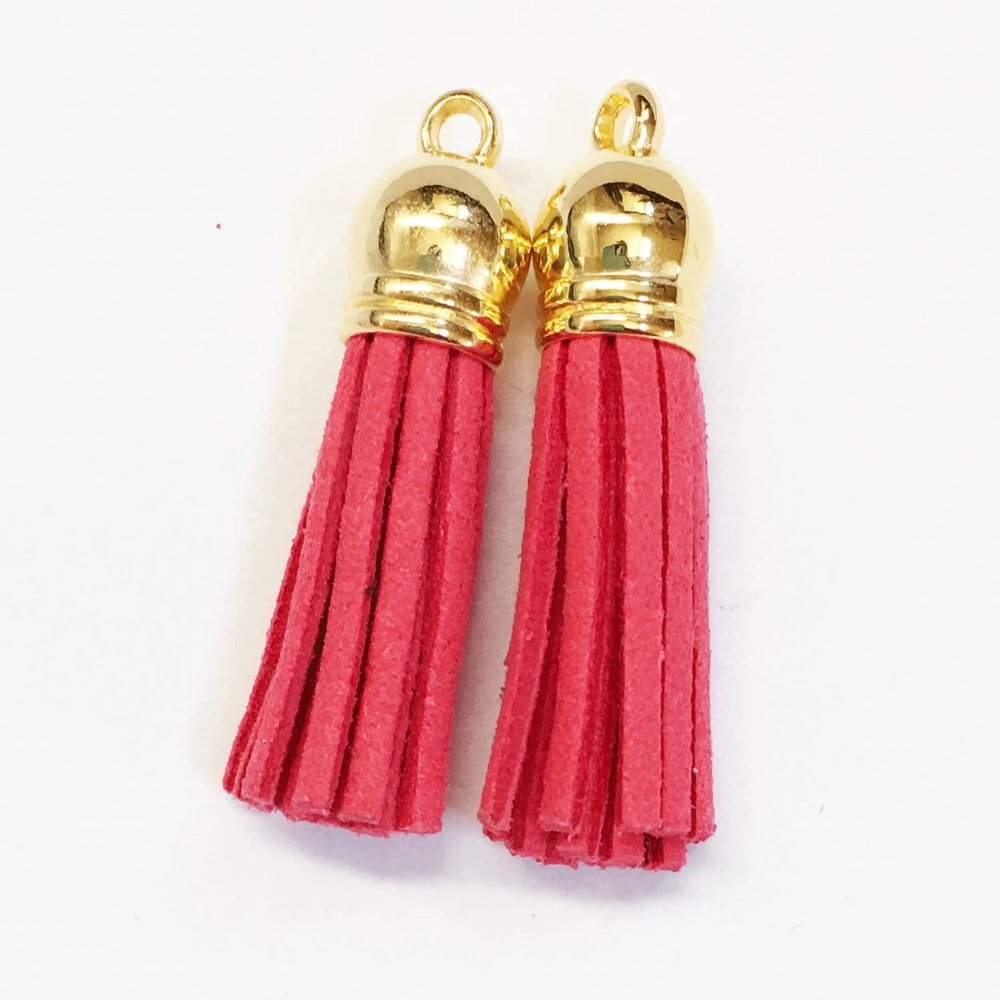 10 pcs Suede Tassel with Gold Plated Cap, Bulk Necklace Tassel, Earring Tassel 37x10mm, Orange red