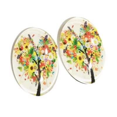 4 Glass cabochon with Tree Life Print 18x25mm, Flat Oval cabochon, Autumn Tree cabochon