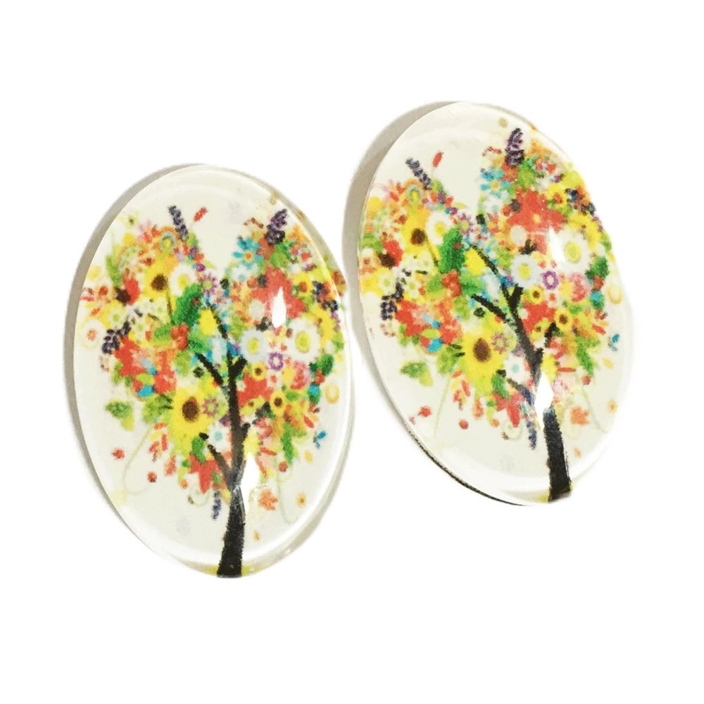 4 Glass cabochon with Tree Life Print 18x25mm, Flat Oval cabochon, Autumn Tree cabochon